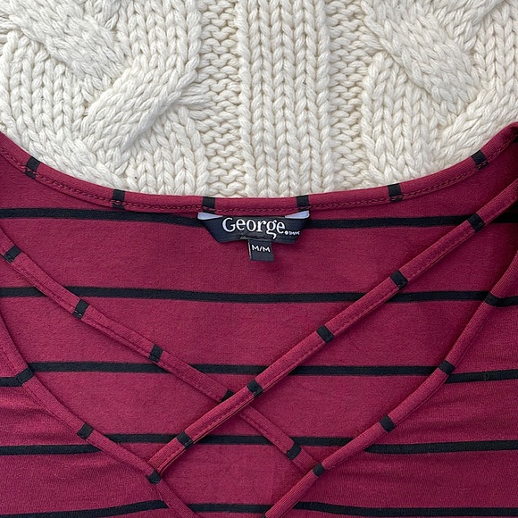 🌼2 for $20🌼 Burgundy Black Striped Criss Cross Front T-Shirt Dress w/ Pockets - Picture 2 of 9